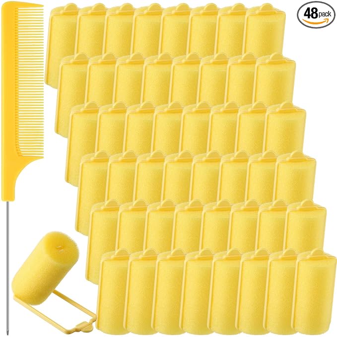 Syhood 48 Pcs Foam Hair Rollers for Overnight Styling Flexible Sponge Heatless Curlers and Rat Tail Comb for Short/long Hairs Women Hairdressing Styling(Yellow,1.18 inch)