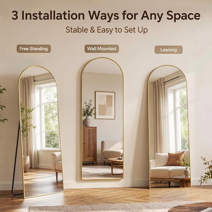 Antok Full Length Mirror, 76"x34" Floor Mirror with Stand, Hanging Mounted Mirrors for Bedroom, Living Room, Cloakroom, Dining Room, Gold, Arched