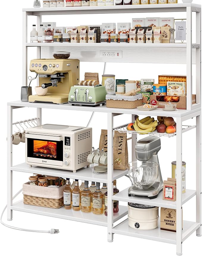 SUPERJARE Bakers Rack with Power Outlet, 47.2 Inches Coffee Bar with Basket | Kitchen Microwave Stand with 3 Level-Adjustable Open Shelves, with 6 S-Shaped Hooks, White