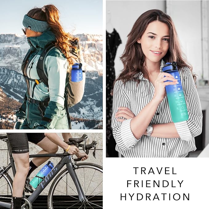 Hyeta Water Bottle with Straw & Time Marker, Plastic 32oz Leakproof | Motivational Tritan BPA Free Gym Office Outdoor Intake Tracker Hourly Reminder Straw Lid Carry Strap