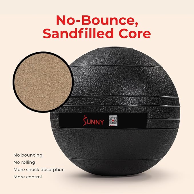 Sunny Health & Fitness Slam Medicine Ball - Sand-Filled, No-Bounce | 10-50LB, Sand-Filled, No-Bounce Core, Treaded Rubber Grip, Durable Flexible Shell, Full-Body Training, High-impact