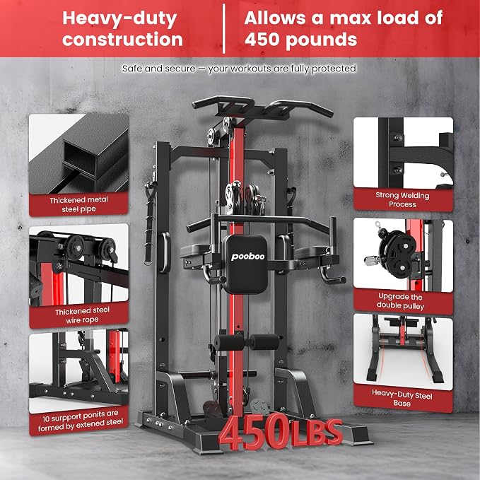 Pull Up Bar Power Tower Dip Station with Cable Machine, 450LB Home Gym | Pull up bar, dip station and 16-position cable system for pull ups, dips, lat pulldowns, rows and full-body training