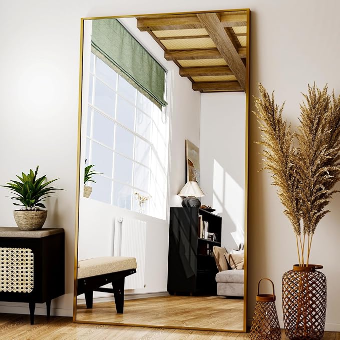 Easly Full Length Mirror with Stand 38"x77" Full Body Mirror Floor Mirror Standing Hanging or Leaning Wall, Wall Mirror with Stand Aluminum Alloy Frame for Living Room Bedroom Cloakroom,Gold