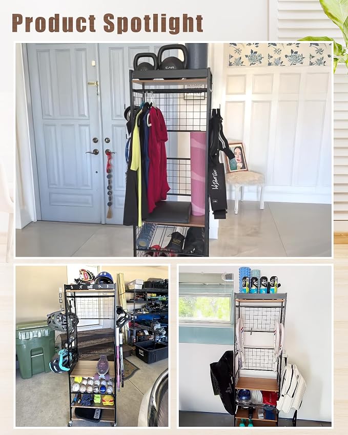 Mythinglogic Home Gym Storage Rack with Wheels for Dumbbells and Yoga Mats | Versatile storage with shelves, hooks and side holders for kettlebells, foam rollers, bands, weight plates and gym gear