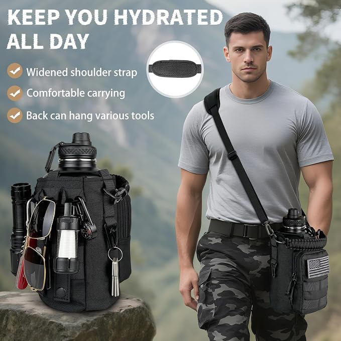 DEFUNX Half Gallon Water Bottle Insulated with Sleeve - Tactical 64 oz Stainless Steel Water Jug with MOLLE Water Bottle Pouch, Gym Water Bottles for Men Hiking Workout (Black)