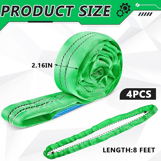 Fabbay 4 Pcs 8.2 Feet Heavy Duty Polyester Endless Loop Round Lift Slings Lifting Straps for Hoist Towing Moving Furniture Rigging Equipment, 5300 LB Vertical 4200 LB Choker 10600 LBs Basket(Green)