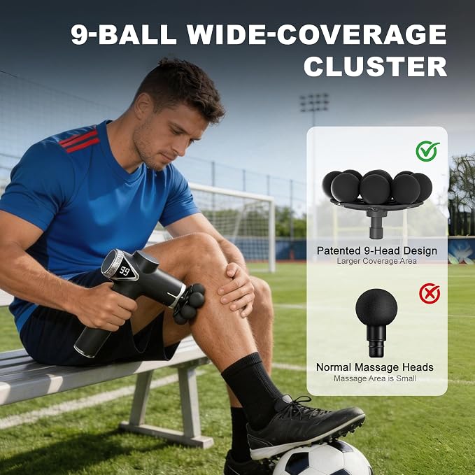 LEERCON Massage Gun Deep Tissue Back Massager for Pain Relief with 9 Heads | Electric Muscle Massage Gun with 9 Heads and 6 Speeds Percussion Massager for Athletes Gifts for Women Men Father's Day Black