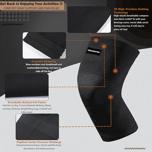 Knee Brace for Pain Relief - Knee Compression Sleeves for Men and Women, Knee Support Leg Brace for Meniscus Tear, Running, Weightlifting, Workout, ACL, Arthritis, Joint Pain Relief(Black,L)