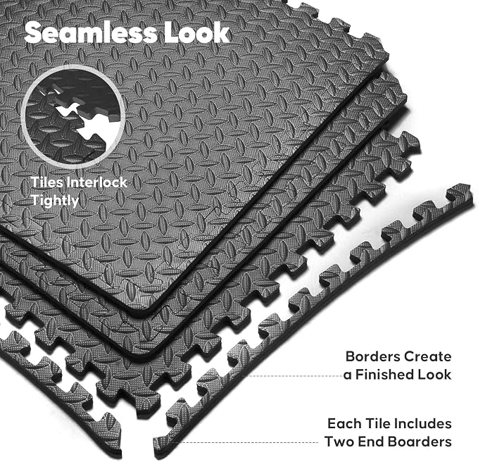 12 Pack 48 sqft Home Gym Mat, Puzzle Exercise Mat, EVA Interlocking Foam Floor Tiles for Home Workout Equipment and Kids' Play Areas - Black, 24 in x 24 in x ½ in - 12 Tiles (Black, 12 Pack, 48 SQ FT)