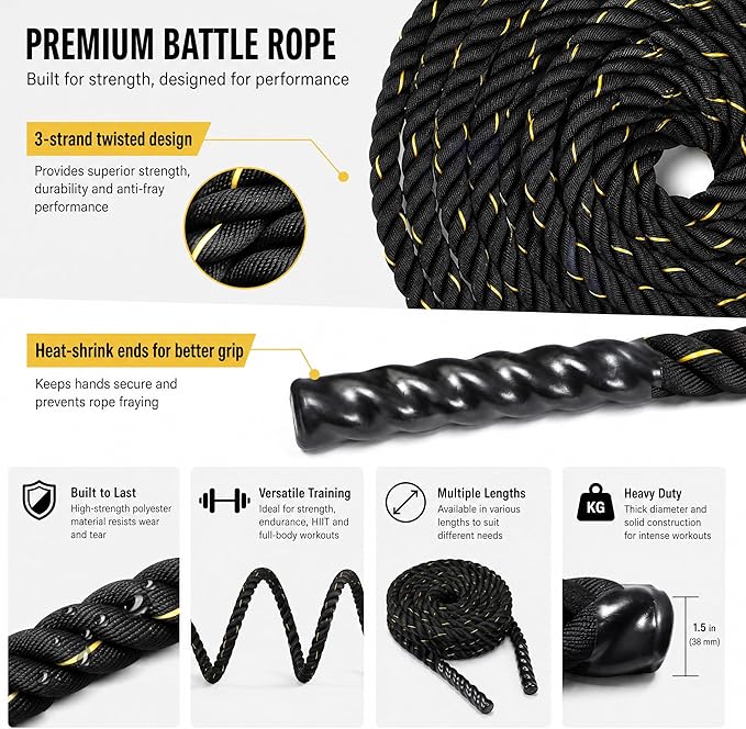 Fitvids Battle Rope 1.5Inch Diameter Poly Dacron 30 FT Length, Heavy Ropes for Home Gym and Workout