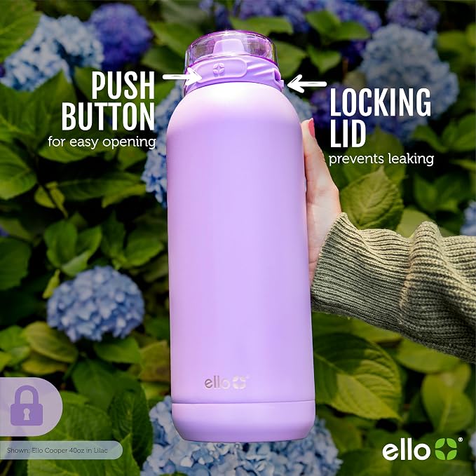 Ello Cooper 22oz Insulated Stainless Steel Water Bottle with Straw, Black | Leakproof water bottle with straw and carry handle. BPA-free, keeps drinks cold 26 hours, great for gym, travel, and school.
