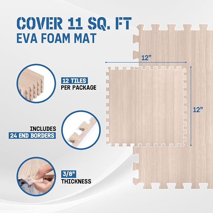 Yes4All EVA Interlocking Mats, Puzzle Floor Tiles, Foam Floor Padding with Border for Furniture, Home Space, Living Room, Garage 11,22,32 SQFT