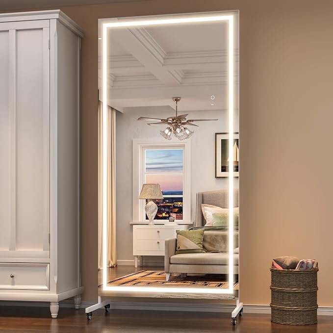 Hasipu 75" x 32" LED Full Length Mirror on Wheels, 360° Swivel, White | 3-color dimmable brightness, tempered glass & metal frame, lockable wheels, sturdy stand, for gym, yoga, studio & bedroom.