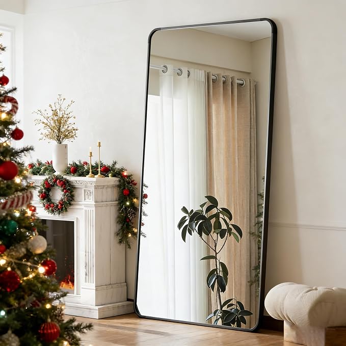BEAUTYPEAK 71" x 32" Rounded Corner Full Length Mirror with Stand, Black | Aluminum Alloy Frame with Standing, Leaning, or Wall-Mounted, Ideal for Bedroom, Dressing Room, Entryway, and Living Room