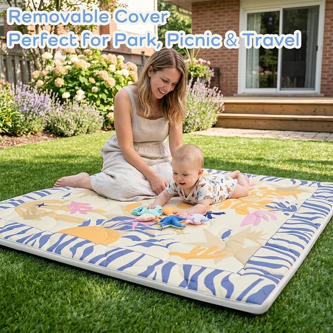 1.6" Thick Baby Play Mat, 50x50 Removable & Machine Washable Cover | Padded Memory Foam, Non-Slip Backing, 100% Baby-Safe Materials, Tummy Time Crawling, Outdoor, Bedroom, Living Room, Nursery
