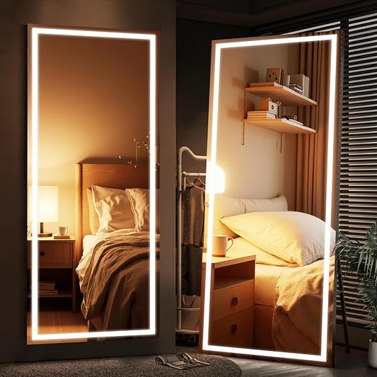 79" x 32" Full Length Mirror with Lights, Large LED Lighted Floor Standing Body Mirror, Dimmable & 3 Color Lighting for Bedroom, Cloakroom, Dressing Room, Tempered Glass, Black Frame