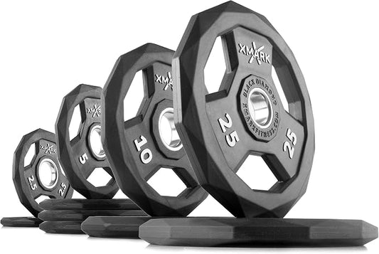 XMARK Black Diamond Olympic Weight Plates 2-Inch, Rubber Barbell Plates with Tri-Grip Handles for Home Gym Strength Training