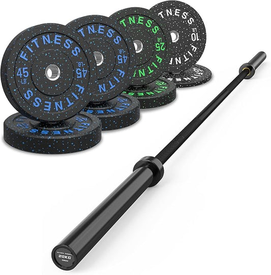 HANDBODE Olympic Barbell Set, 2-Inch Bumper Plates with Weight Plate Rack | Colored Crumb Rubber Weight Plates for Weight Lifting & Strength Training, 90–530 lb Set with 45 LB (20 kg) Olympic Barbell
