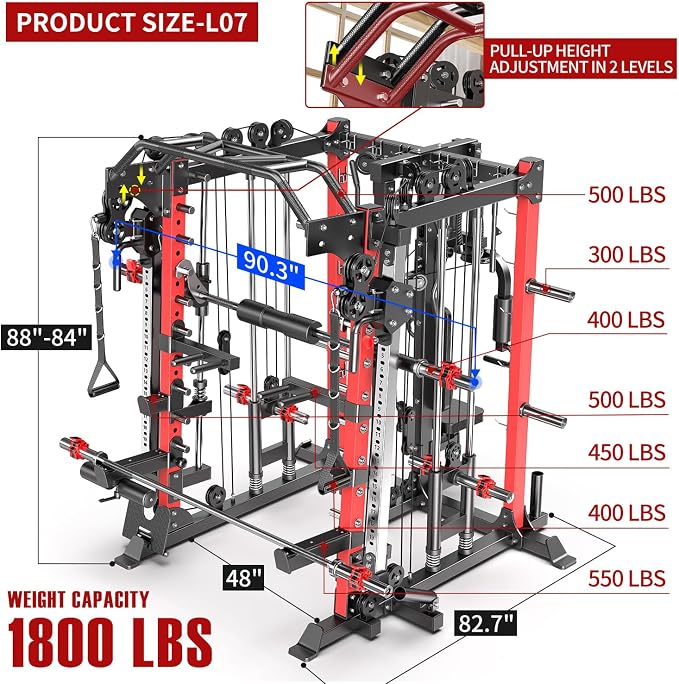 Multi-Purpose Squat Rack,Smith Machine Weight Rack Set with Cable Crossover System, Home Gym Power Racks, Power Racks and Packages