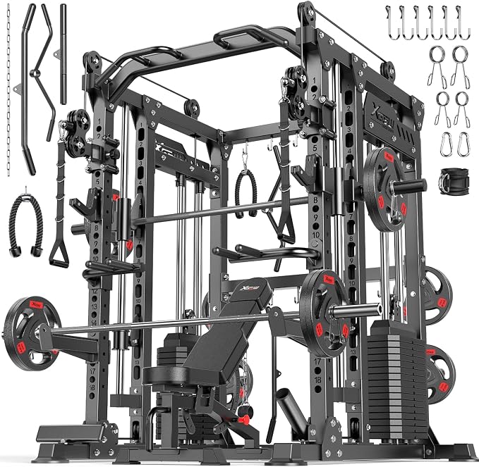 XGSW Smith Machine with Weight Stack, Multi-Function Squat Rack Power Cage with Cable Crossover System, for Home Gym