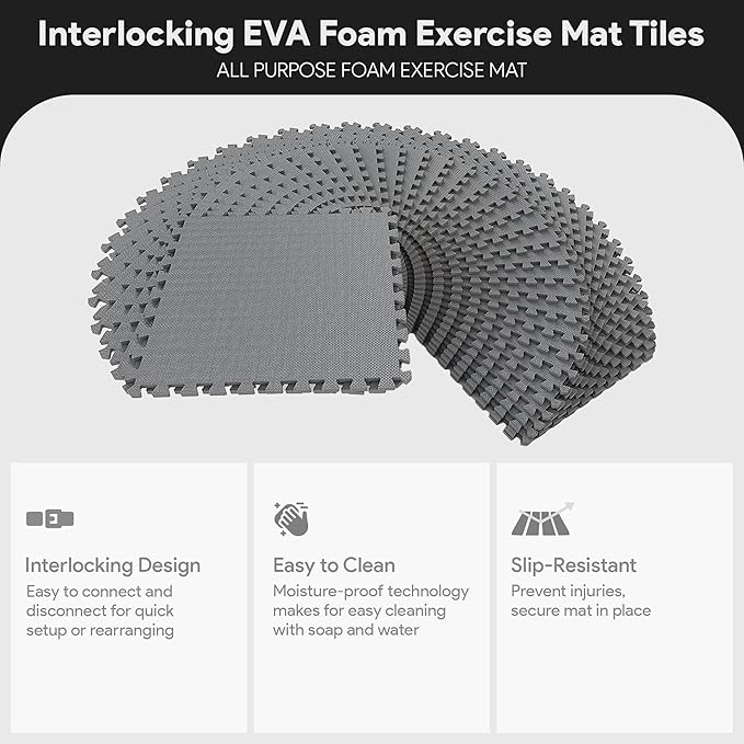 BalanceFrom Puzzle Exercise Mat 1/2" Thick, EVA Interlocking Foam Floor Tiles for Home Gym, Mat for Home Workout Equipment, Floor Padding for Kids, Gray, 24 in x 24 in x 1/2 in, 144 Sq Ft - 36 Tiles | Tiles for Home Gym, Mat for Home Workout Equipment,...