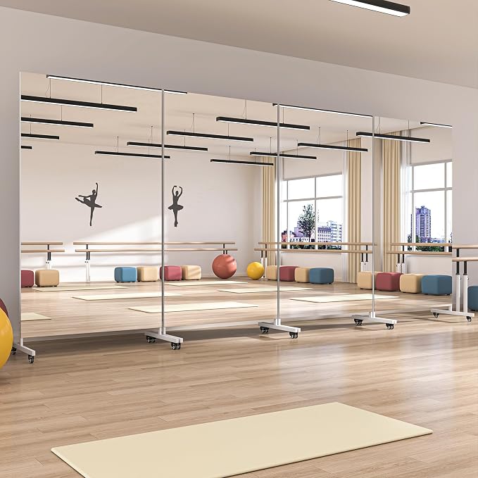 Hasipu 74.8" x 27.5" Full Length Floor Mirror on Wheels, White | Tempered glass, sturdy metal frame, smooth rolling casters, removable stand, ideal for gym, bedroom, dance studio & yoga.