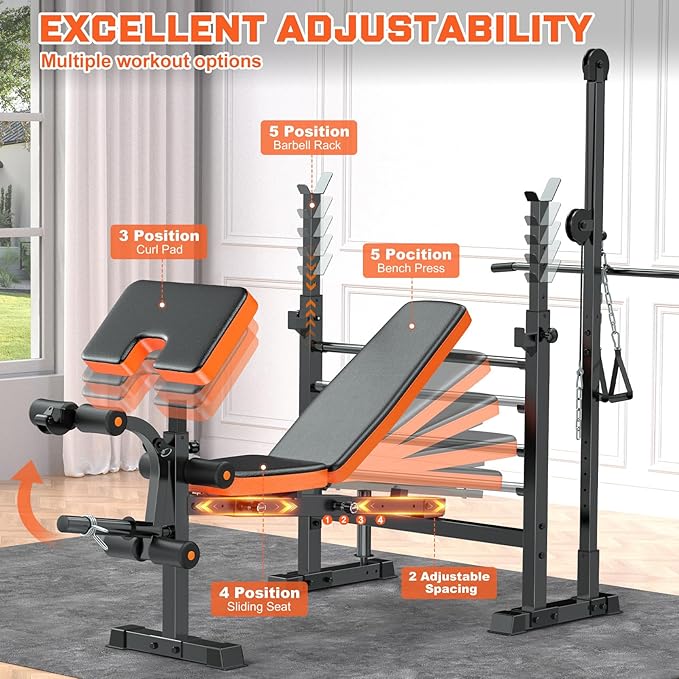 Fostoy Olympic Weight Bench with Lat Pulldown, Squat Rack & Leg Curl | Adjustable,Cable Row, Squat Rack, Leg Developer, Preacher Curl, Multi-Angle Backrest, Full Body Strength Training