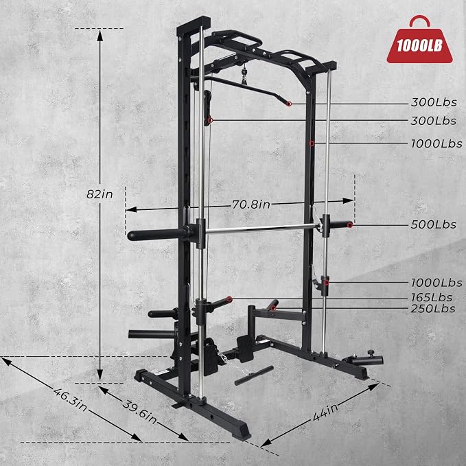 RitFit Smith Machine Power Rack with LAT-Pull Down System | Half Smith Machine with Landmine, Barbell Bar, Plate Storage Pegs and More Training Attachment