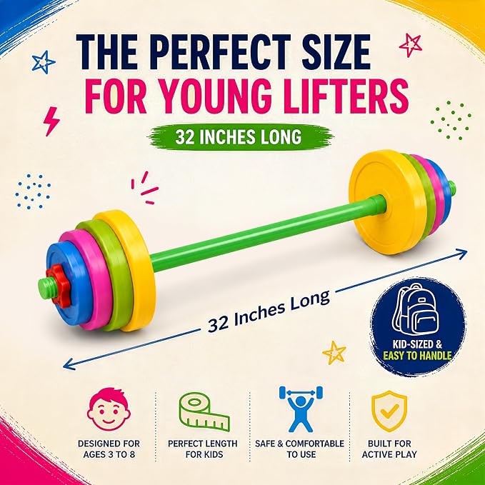 Liberty Imports Kids Barbell Weight Set - Adjustable Workout Toy Equipment for Children Pretend Play Exercise - Toddler Beginner Gym, Fitness, Weightlifting and Powerlifting (32 inches), multicolored