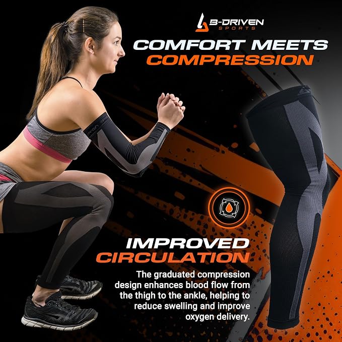 B-Driven Sports Full Leg Compression Sleeve For Men Women - Medical Grade 20-30mmHG - Running Recovery Swelling Thigh Support