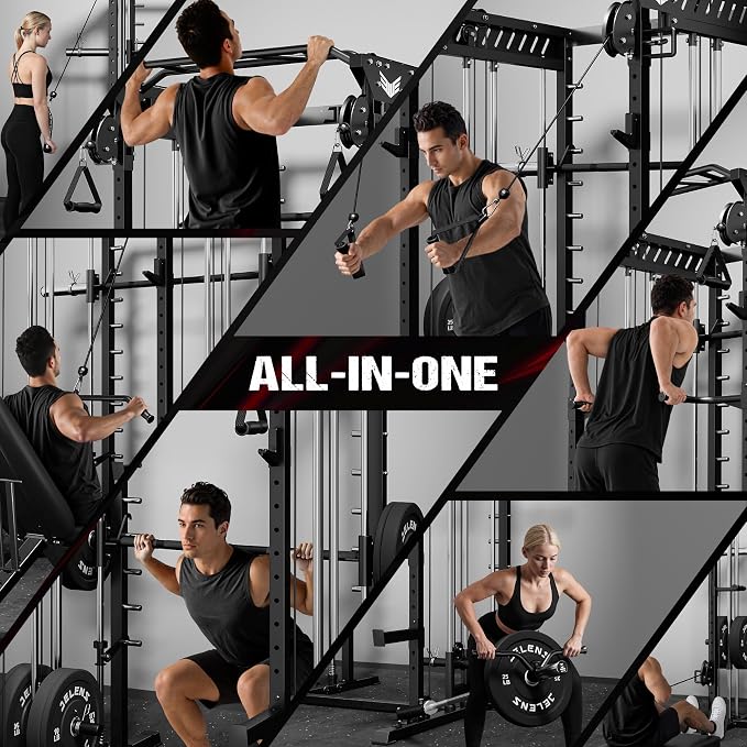 JELENS M21 Smith Machine, Multi-Function Power Cage with Dual Pulley Cable Crossover System, 2000LBS All-in-One Squat Rack with Smith Bar and Attachments for Home Gym