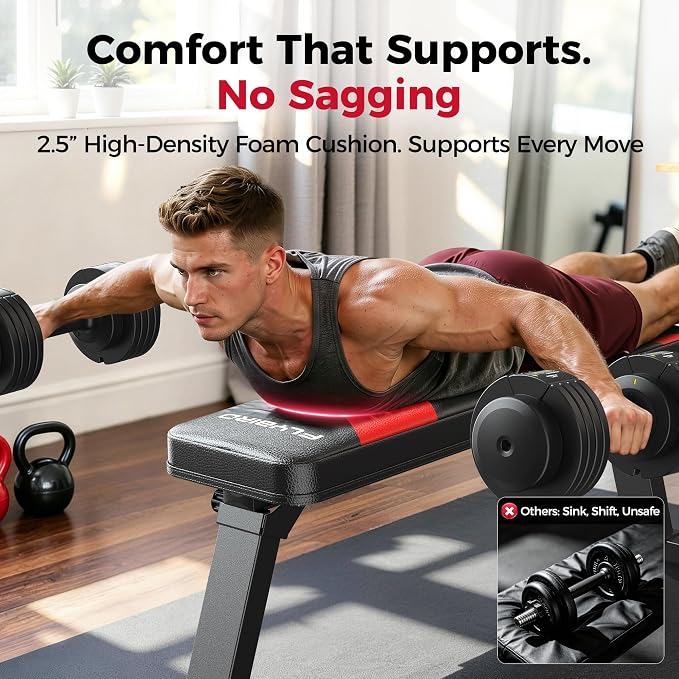FLYBIRD Foldable Flat Weight Bench for Home Gym, 600/1000 lbs Capacity with Dual Locking for Strength Training, Easy Setup & Storage for Small Apartments, Lifting, Hip Thrust, Dumbbell Workout (A-Red)