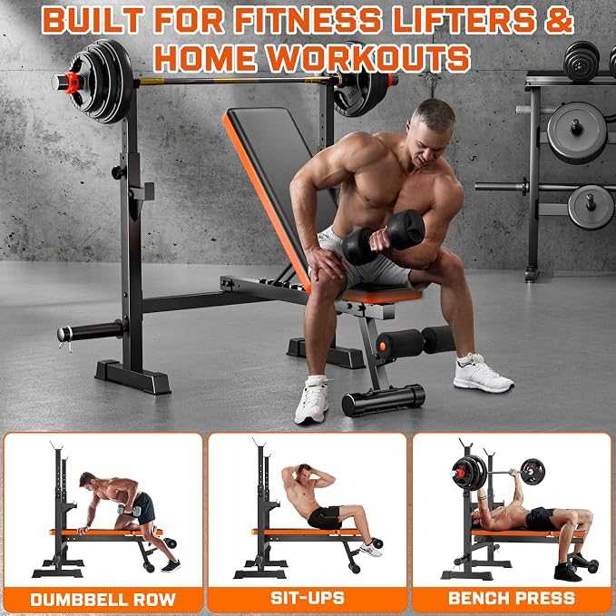 Fostoy Adjustable Weight Bench with Squat Rack & Incline Design | 770LB Heavy Duty, Flat & Incline Positions, Removable Foot Catch, Olympic Bench Press Station, Home Gym Strength Training