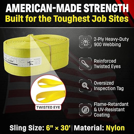 DD Sling 6 Inch x 30 Foot Nylon Lifting Sling – USA Made, 16,300 lb Vertical, 13,000 lb Choker, 32,600 lb Basket – 2-Ply Heavy Duty 900 Webbing, Type 3 Flat Eye & Eye Rigging Sling