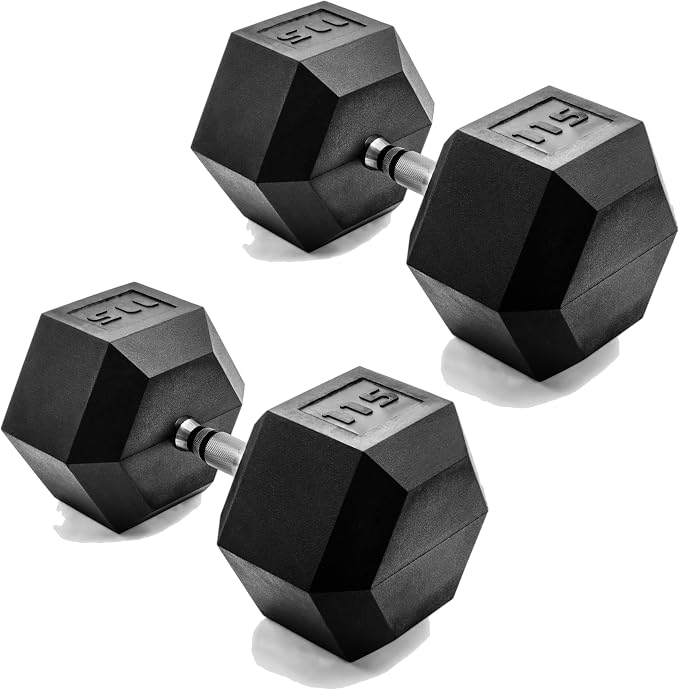 CAP Rubber Coated Dumbbell Weights, Free Weights for Home Gym Strength Training, Anti-Roll Hex Dumbbells with Black, Chrome & Comfort Grip Handles, Pairs & Sets