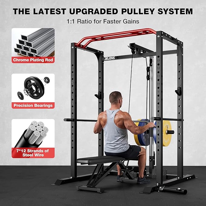JELENS S11 Power Cage, 2000LB Multi-Function Power Rack with LAT Pulldown, Squat Rack with Adjustable Pulley System and Training Attachments, Weight Rack for Home Gym
