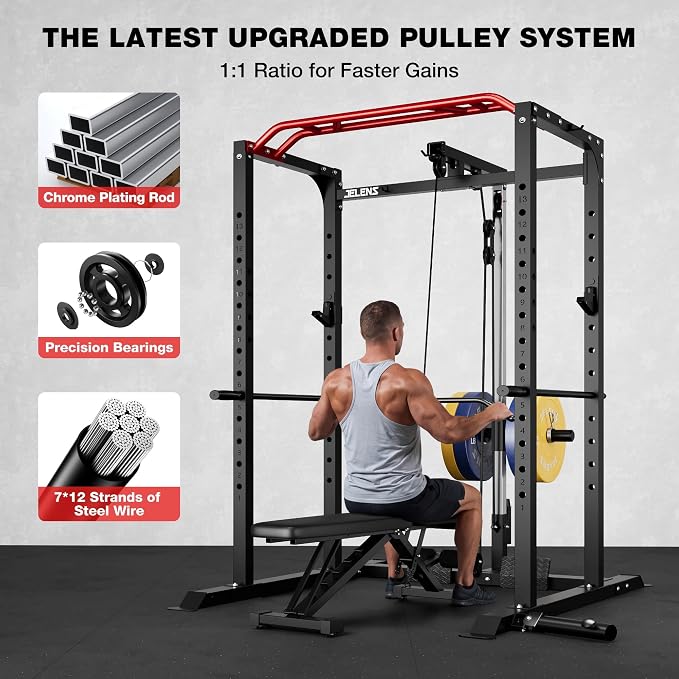JELENS S11 Power Cage, 2000LB Multi-Function Power Rack with LAT Pulldown, Squat Rack with Adjustable Pulley System and Training Attachments, Weight Rack for Home Gym