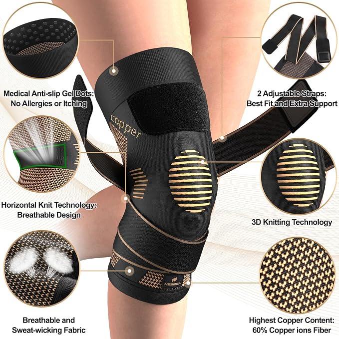 NEENCA Copper Knee Brace with Straps for Women/Men, Knee Compression Sleeve for Knee Pain, Arthritis, ACL, Meniscus Tear, Joint Pain Relief. Knee Support for Running, Workout, Weightlifting - Single