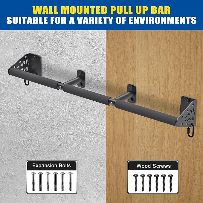 Kipika Wall Mounted Pull Up Bar - Heavy Duty 500 LB Capacity Doorway Chin Up Bar for Home Gym, Sturdy Steel Construction with Resistance Band Hooks | Hanging Exercise Bar for Full Body Workout
