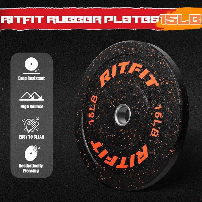 RitFit Bumper Plates, Colored Fleck-Rubber Weight Plates with Steel Insert, 2-inch Olympic Weight Plates for Weight Lifting and Strength Training