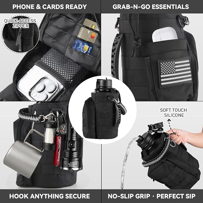 KXIAOCHEN Insulated Water Bottle with Strap, 48-Hour Cold, 2 Lids | Triple-wall insulation, lead-free 18/8 Stainless steel, paracord handle, carabiner clip, for gym, hiking, camping and travel