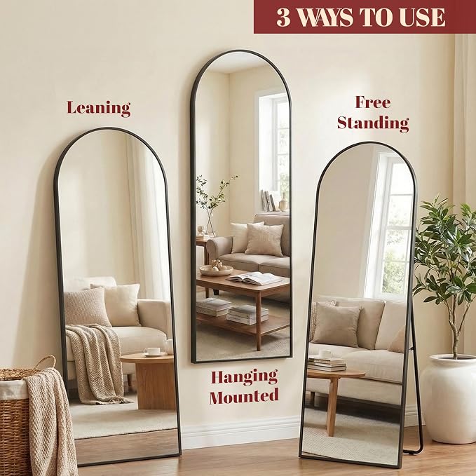 Suidia 58"x18" Arched Full Length Mirror with Stand, Full Body Mirror with Aluminum Frame, Freestanding/Leaning/Wall-Mounted, Floor Mirrors for Bedroom, Living Room, Entryway, Dressing Room, Black