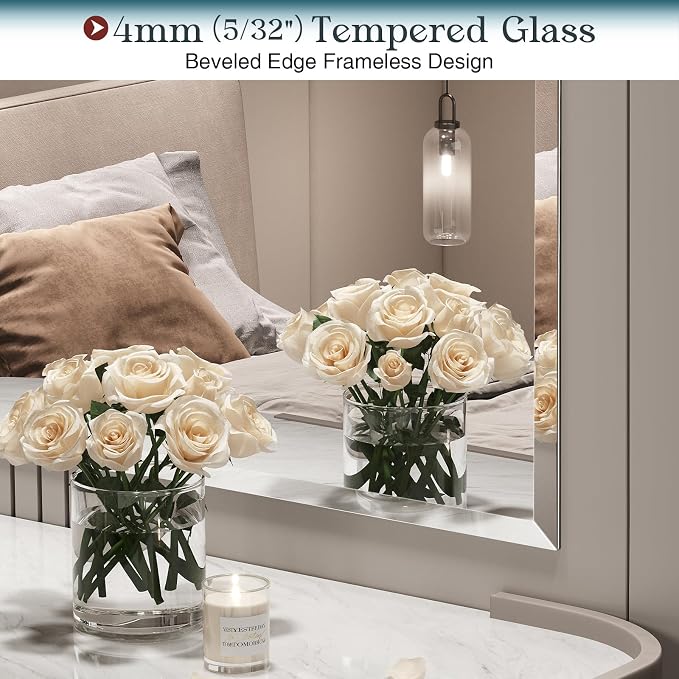 Frameless Bathroom Mirror 30"x48", Beveled Bathroom Mirror | 4mm Tempered Glass Shatterproof Wall Mount Mirrors for Bathroom Bedroom Entryway Vanity, Hangs Horizontally or Vertically
