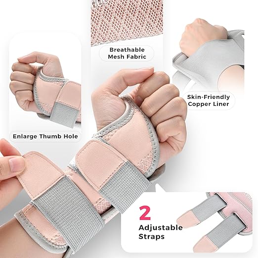 Copper Carpal Tunnel Wrist Brace, Adjustable Wrist Support Splint for Night Sleep & Daytime Working, Hand Braces Pain Relief for Arthritis, Tendonitis, Sprain, Men & Women(Right Hand-Pink, L/XL)