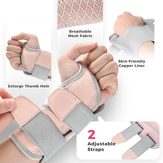 Copper Carpal Tunnel Wrist Brace, Adjustable Wrist Support Splint for Night Sleep & Daytime Working, Hand Braces Pain Relief for Arthritis, Tendonitis, Sprain, Men & Women (Right Hand-Pink, S/M)