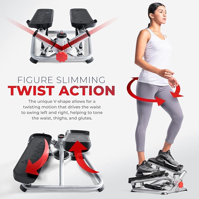 Sunny Health & Fitness Twist Stair Stepper with Resistance Bands | Low-Impact, Side-Twist Motion, Adjustable Step Height, Hydraulic Resistance, SunnyFit App, Up to 350 lb Capacity