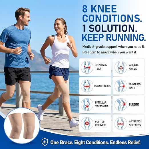 NURCOM Knee Brace, 8-Zone Compression Sleeve, Beige XL | For Meniscus Tear, Arthritis, Acl, Mcl, Tendonitis & Joint Pain Relief, Running, Workouts, Recovery, Pair Pack, Men & Women