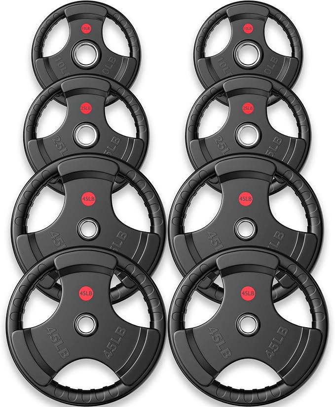 Gikpal Olympic Weight Plates, 2-Inch Three-Grip Rubber Coated Barbell Plates with Steel Hub, Cast Iron Weights for Strength Training & Home Gym, Pair or Sets (2.5–45LB)