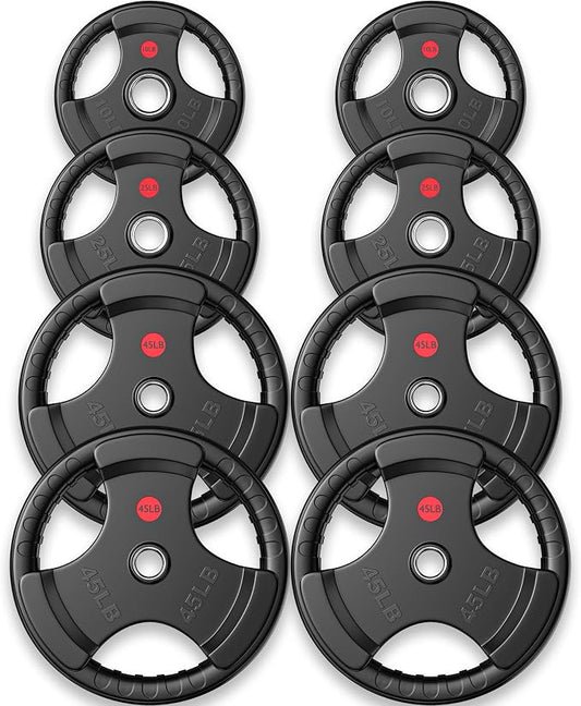 Gikpal Olympic Weight Plates, 2-Inch Three-Grip Rubber Coated Barbell Plates with Steel Hub, Cast Iron Weights for Strength Training & Home Gym, Pair or Sets (2.5–45LB)