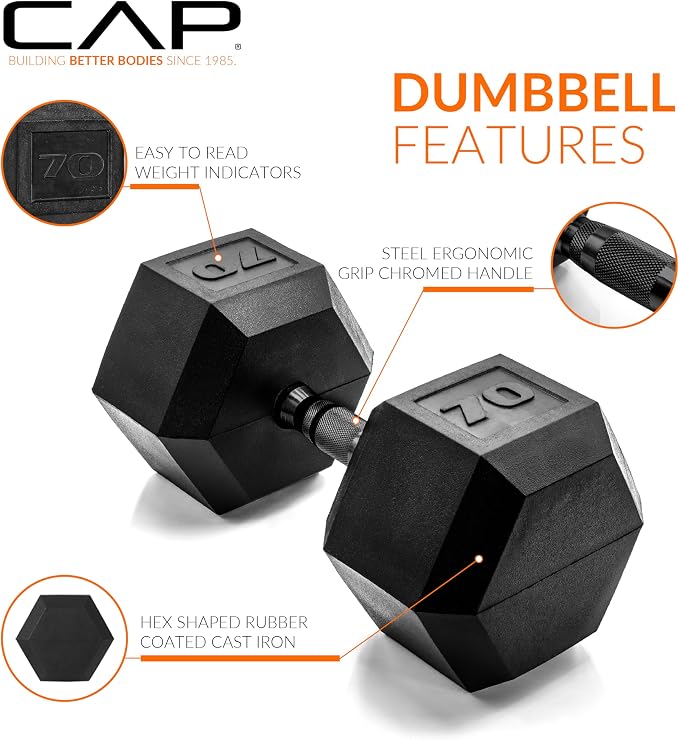 CAP Rubber Coated Dumbbell Weights, Free Weights for Home Gym Strength Training, Anti-Roll Hex Dumbbells with Black, Chrome & Comfort Grip Handles, Pairs & Sets